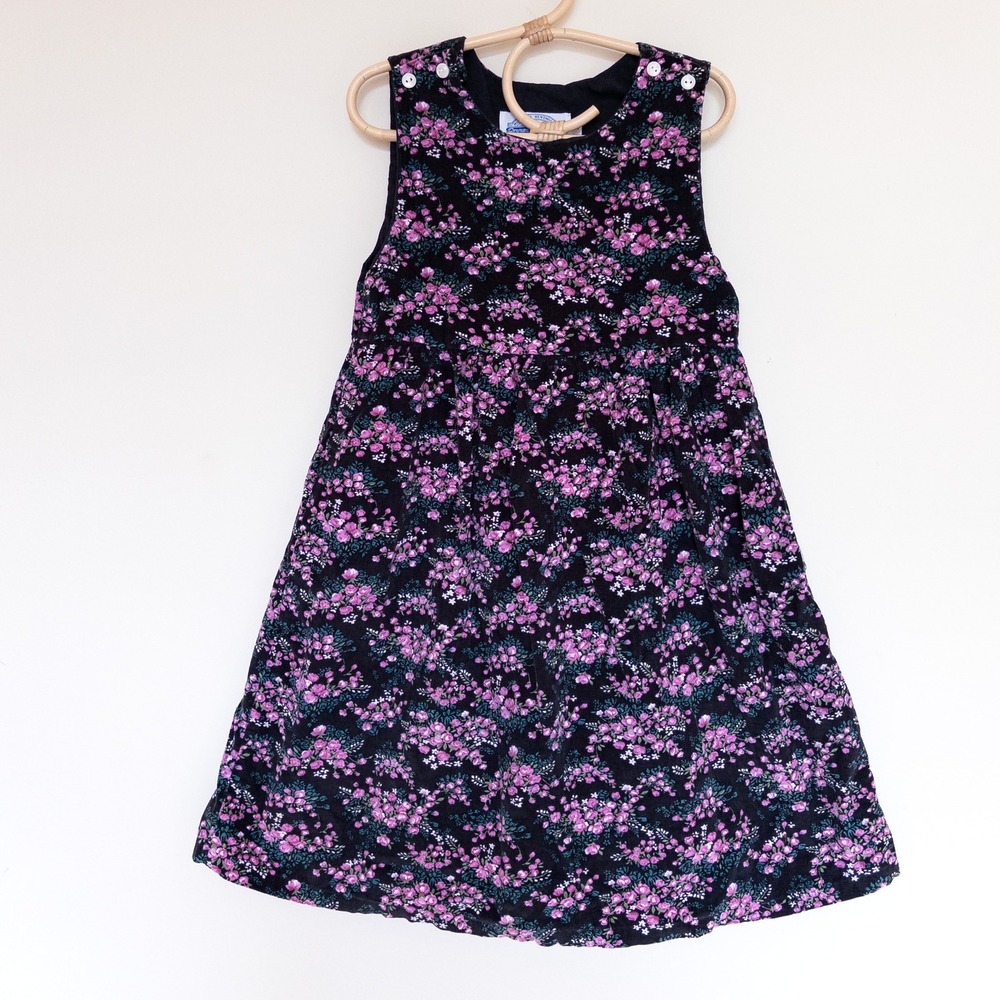 Vintage Michaela New England Jumper Dress Black Floral Corduroy 80s Kids Sz 5